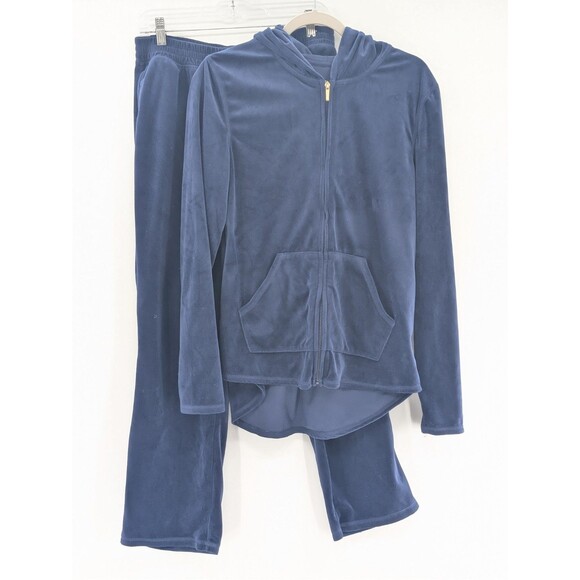 Hue Navy Velour Wide Baggy Leg Sweat Suit Velvet Zip Up Hoodie Size Medium - Picture 1 of 7